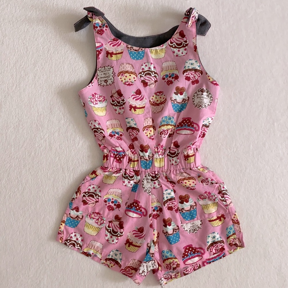 {NWOT} Milin | Cupcake Sweet Print Cotton Shorts Romper Shoulder Tie Pink